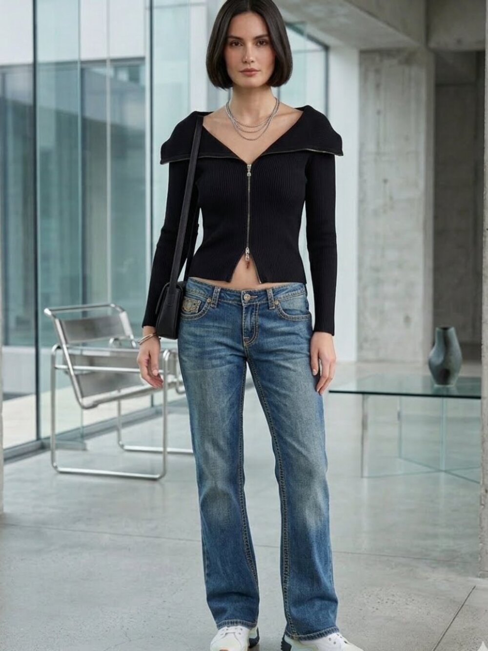 Cache Vintage Y2K Super-Stretch Two-Way Zipper Ribbed Cardigan Size M Black